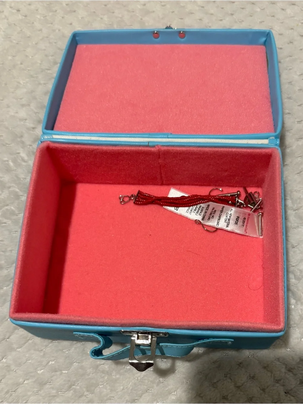 Authentic American Girl Doll Teal Jewelry Box Set Earrings & Red Beaded Necklace